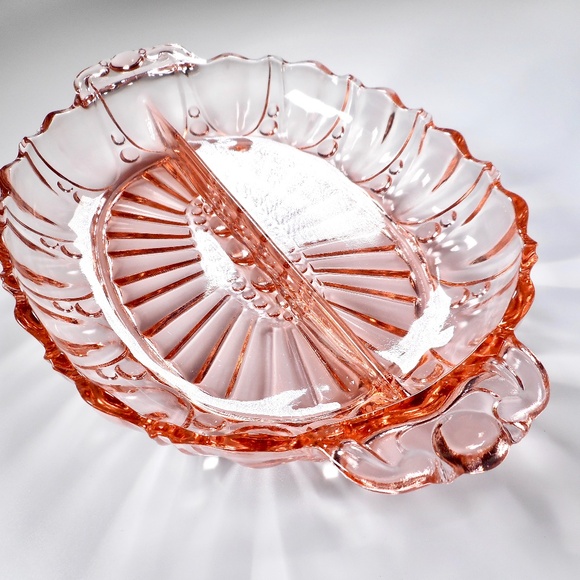 VTG Pink Depression Glass Oval Divided Candy Relish Dish 12" Long Oyster Pearl - Picture 10 of 10